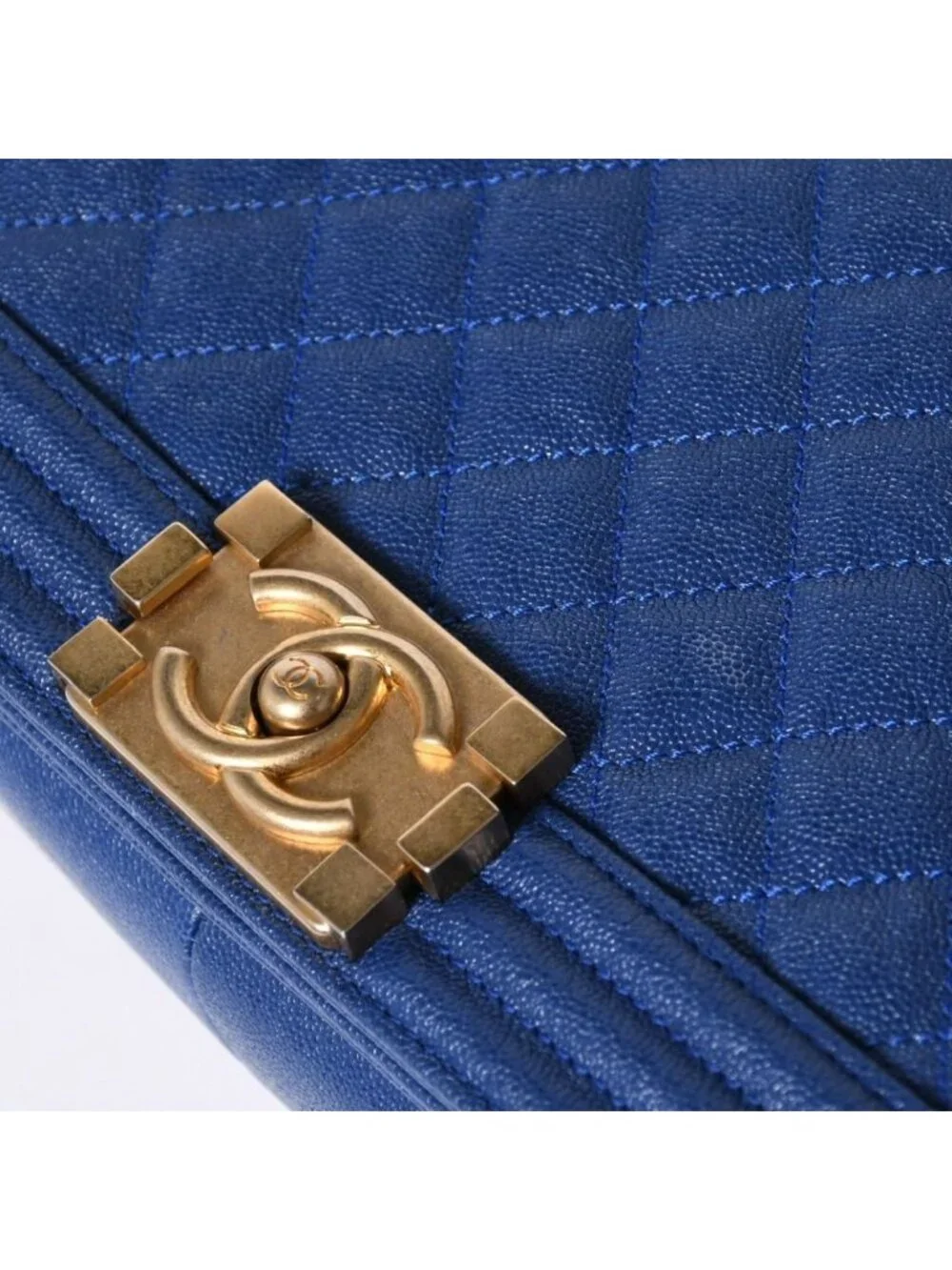 Chanel Boy Chain Shoulder Bag Blue Caviar Leather Gold